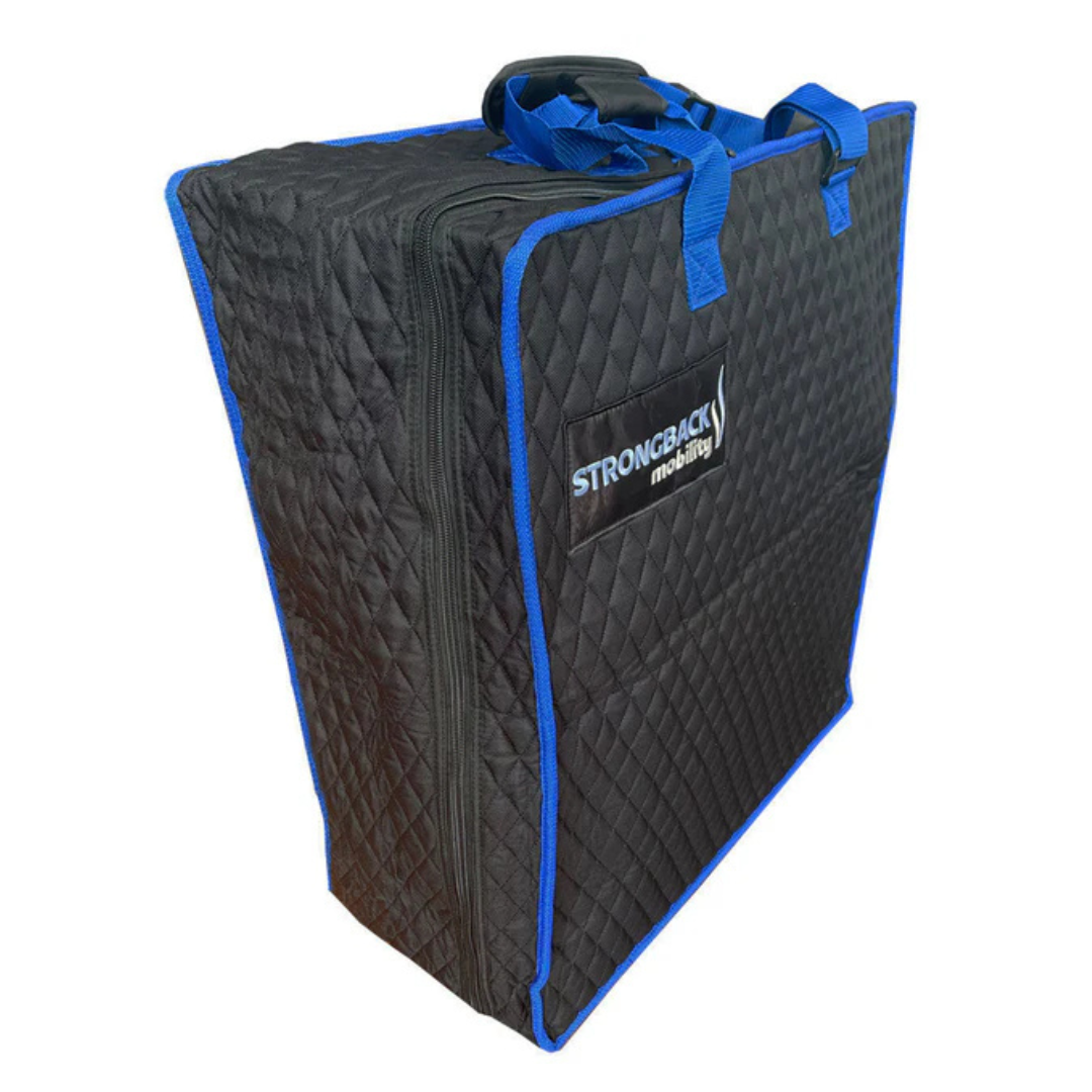 The Strongback Travel Storage Bag For Mobility Aids is a black, quilted wheelchair bag with blue trim, blue handles, a zipper closure, and the STRONGBACK Mobility logo on the side.